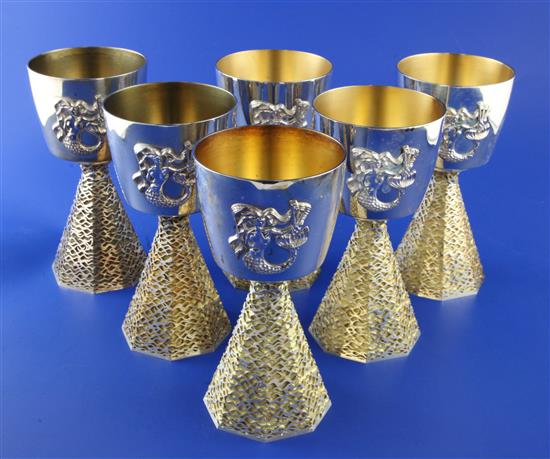 A set of six Ely Cathedral 13th Centenary limited edition parcel gilt goblets, London 1973, John Willmin for Aurum, cased